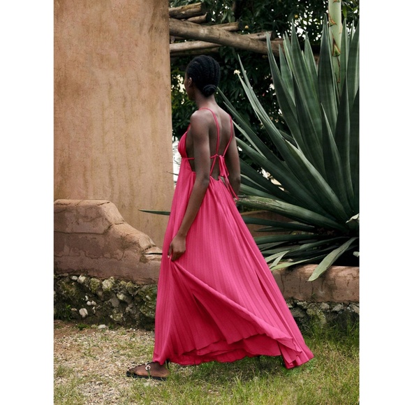 Pink Pleated Maxi Babydoll Dress Open Back Flowy Skirt Tie Straps - Picture 6 of 10